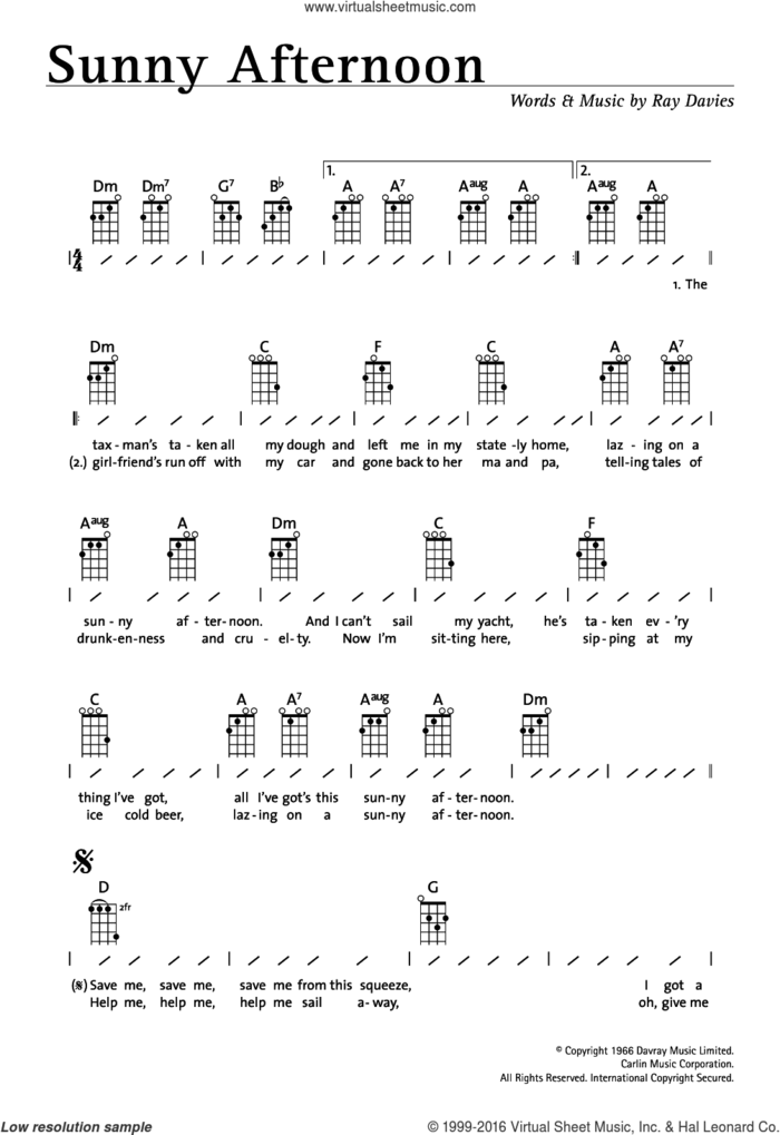 Sunny Afternoon sheet music for ukulele (chords) by The Kinks and Ray Davies, intermediate skill level