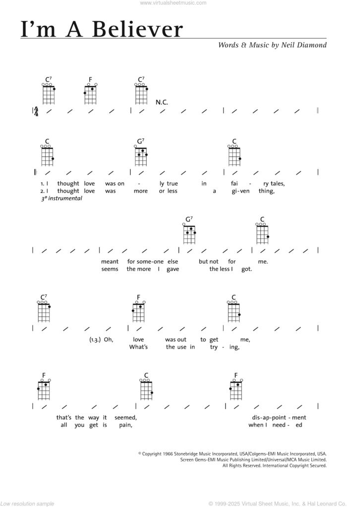 I'm A Believer sheet music for ukulele (chords) by The Monkees and Neil Diamond, intermediate skill level