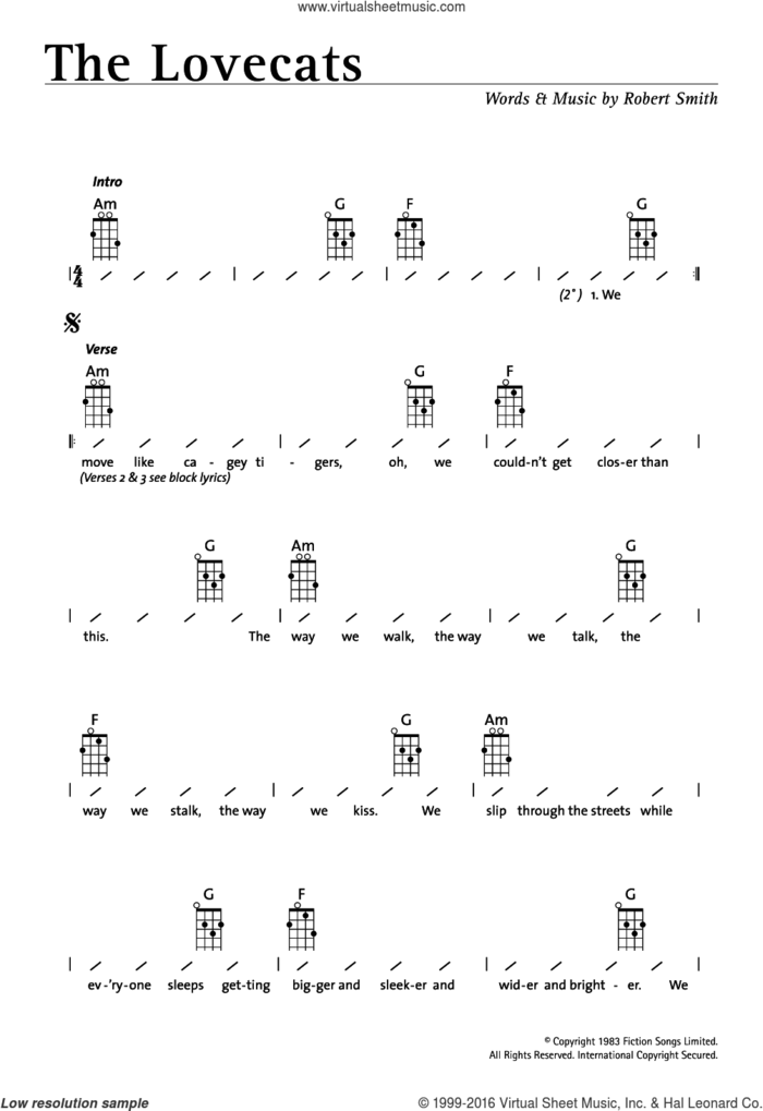 The Lovecats sheet music for ukulele (chords) by The Cure and Robert Smith, intermediate skill level