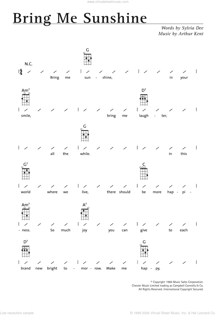 Bring Me Sunshine sheet music for ukulele (chords) by Morecambe & Wise, Arthur Kent and Sylvia Dee, intermediate skill level