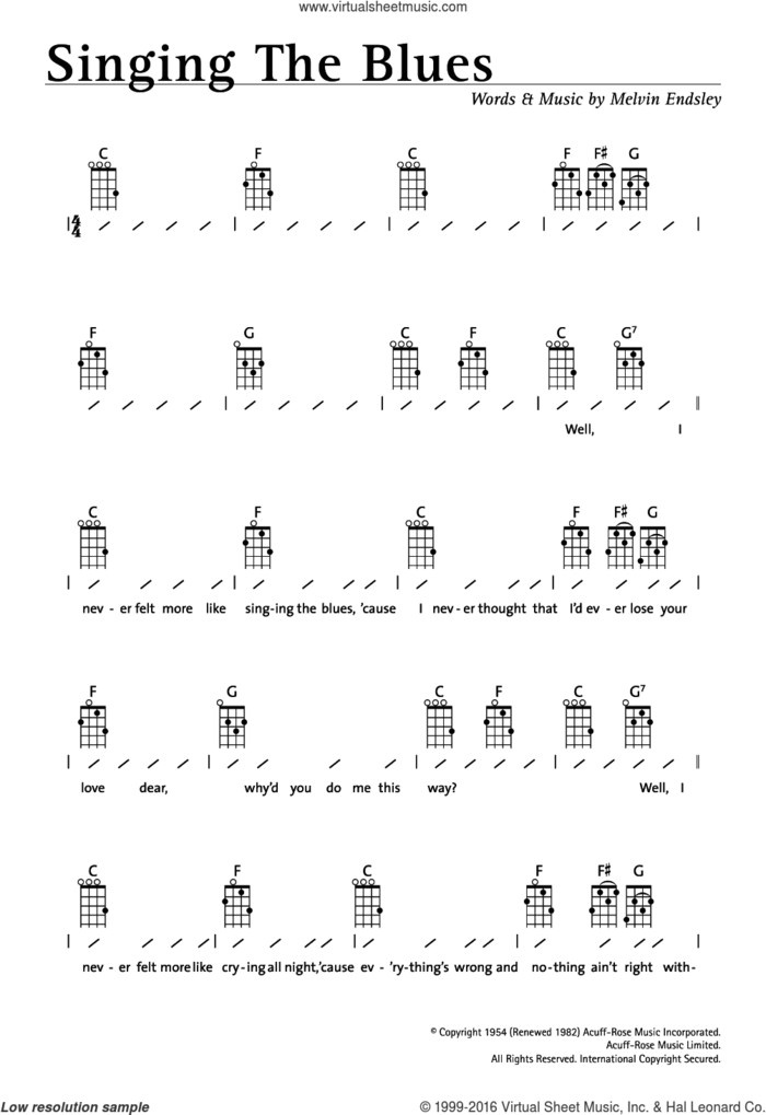 Singing The Blues sheet music for ukulele (chords) by Guy Mitchell and Melvin Endsley, intermediate skill level