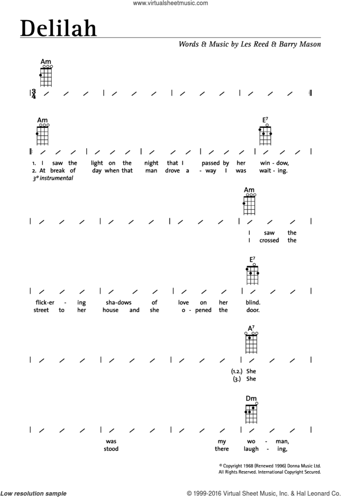 Delilah sheet music for ukulele (chords) by Tom Jones, Barry Mason and Les Reed, intermediate skill level