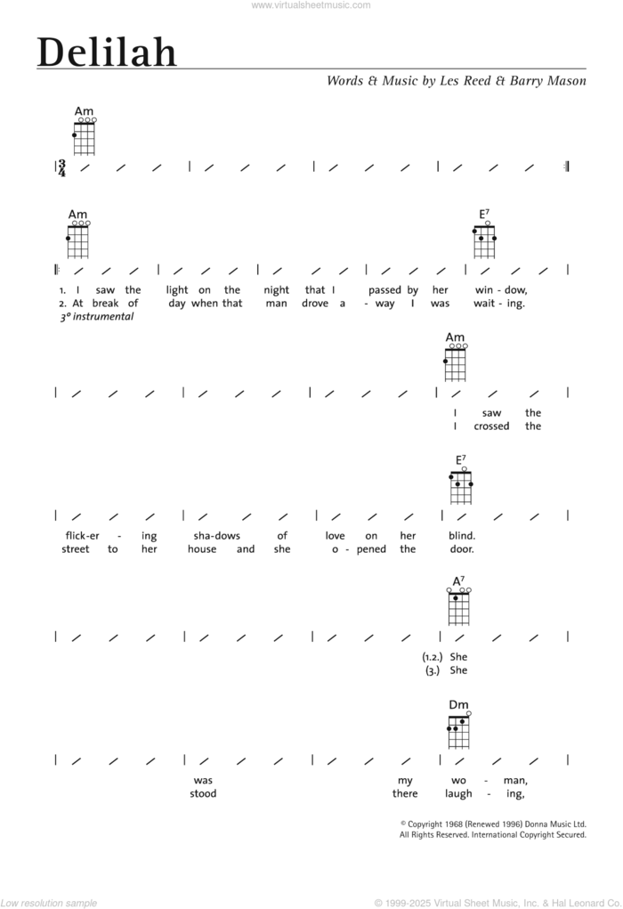 Delilah sheet music for ukulele (chords) by Tom Jones, Barry Mason and Les Reed, intermediate skill level