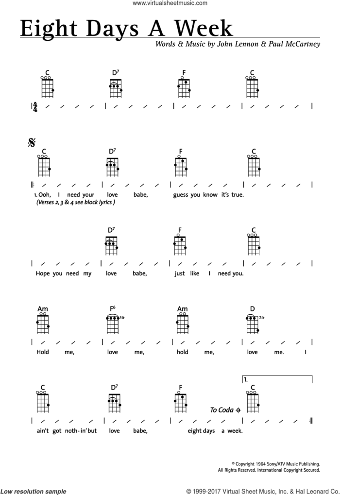 Eight Days A Week sheet music for ukulele (chords) by The Beatles, John Lennon and Paul McCartney, intermediate skill level