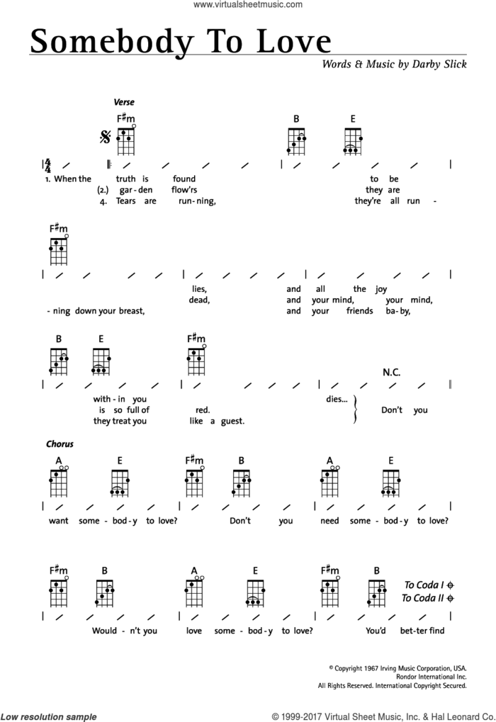 Somebody To Love sheet music for ukulele (chords) by Jefferson Airplane and Darby Slick, intermediate skill level