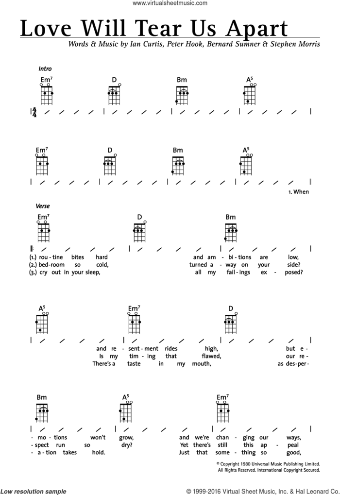 Love Will Tear Us Apart sheet music for ukulele (chords) by Joy Division, Bernard Sumner, Ian Curtis, Peter Hook and Stephen Morris, intermediate skill level
