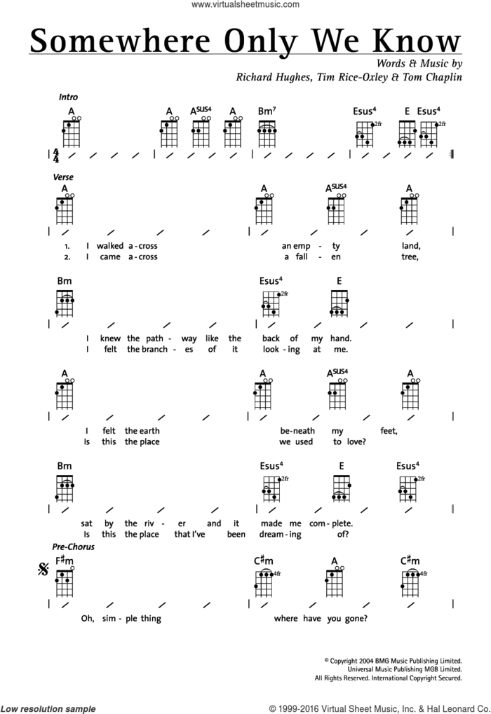 Somewhere Only We Know sheet music for ukulele (chords) by Tim Rice-Oxley, Richard Hughes and Tom Chaplin, intermediate skill level