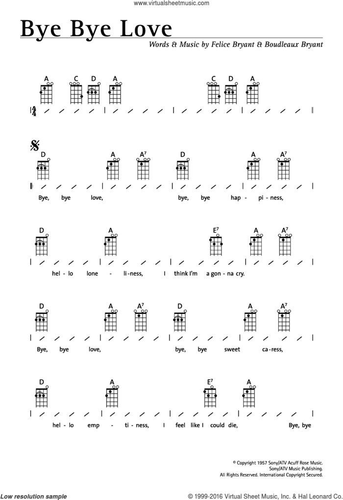 Bye Bye Love sheet music for ukulele (chords) by The Everly Brothers, Boudleaux Bryant and Felice Bryant, intermediate skill level