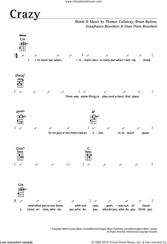 Crazy sheet music for ukulele (chords) by Gnarls Barkley, Brian Burton, Gian Piero Reverberi, Gianfranco Reverberi and Thomas Callaway, intermediate skill level