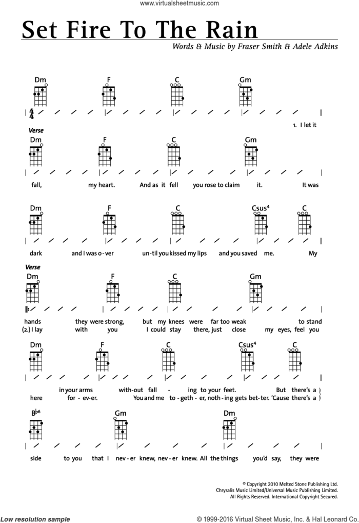 Set Fire To The Rain sheet music for ukulele (chords) by Adele, Adele Adkins and Fraser T. Smith, intermediate skill level