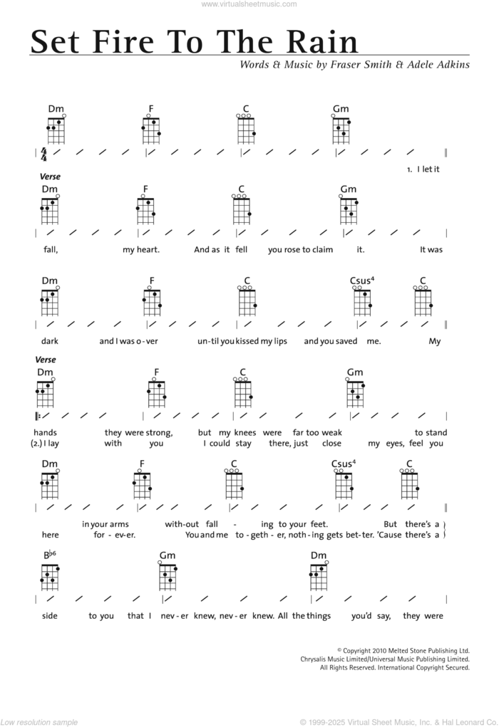 Set Fire To The Rain sheet music for ukulele (chords) by Adele, Adele Adkins and Fraser T. Smith, intermediate skill level