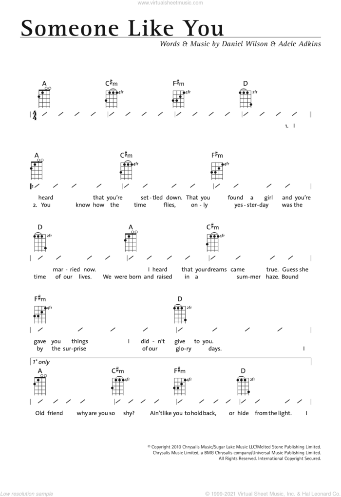 Someone Like You sheet music for ukulele (chords) by Adele, Adele Adkins and Dan Wilson, intermediate skill level