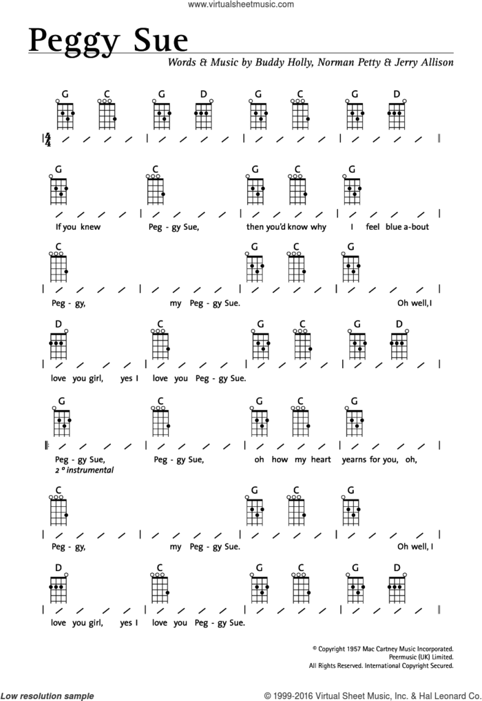 Peggy Sue sheet music for ukulele (chords) by Buddy Holly, Jerry Allison and Norman Petty, intermediate skill level