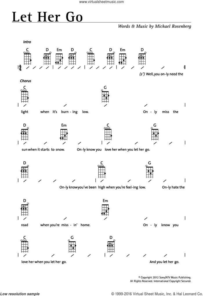 Let Her Go sheet music for ukulele (chords) by Passenger and Michael Rosenberg, intermediate skill level