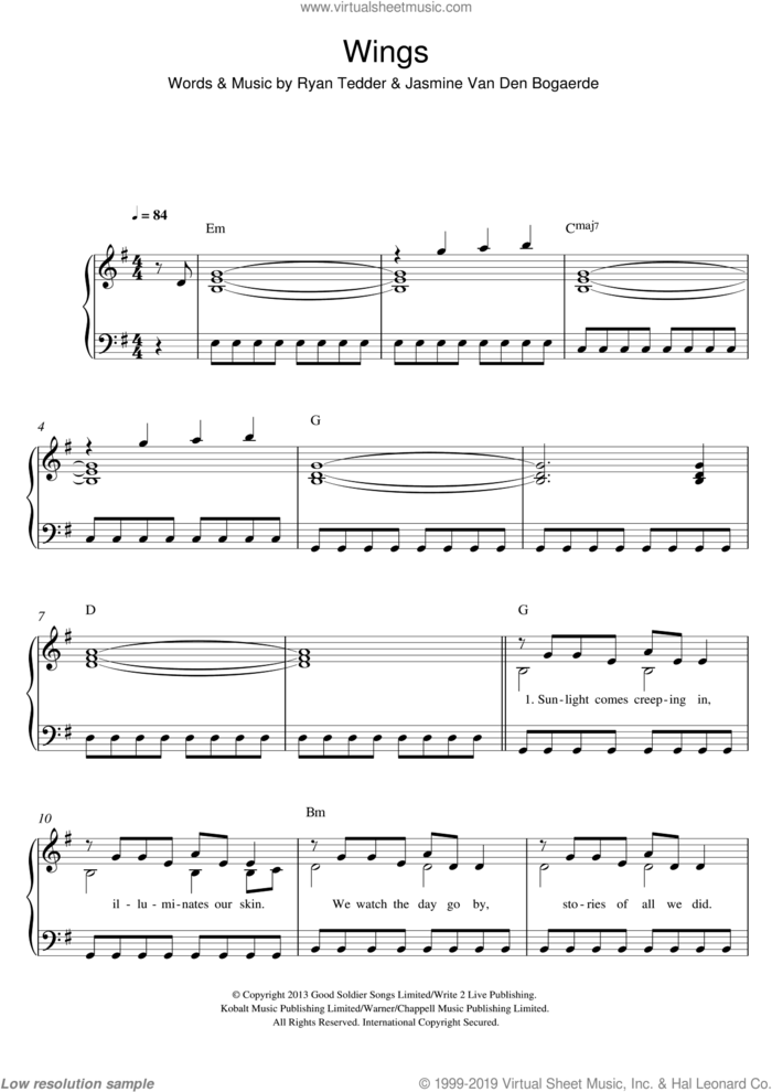 Wings, (easy) sheet music for piano solo by Birdy, Jasmine Van Den Bogaerde and Ryan Tedder, easy skill level