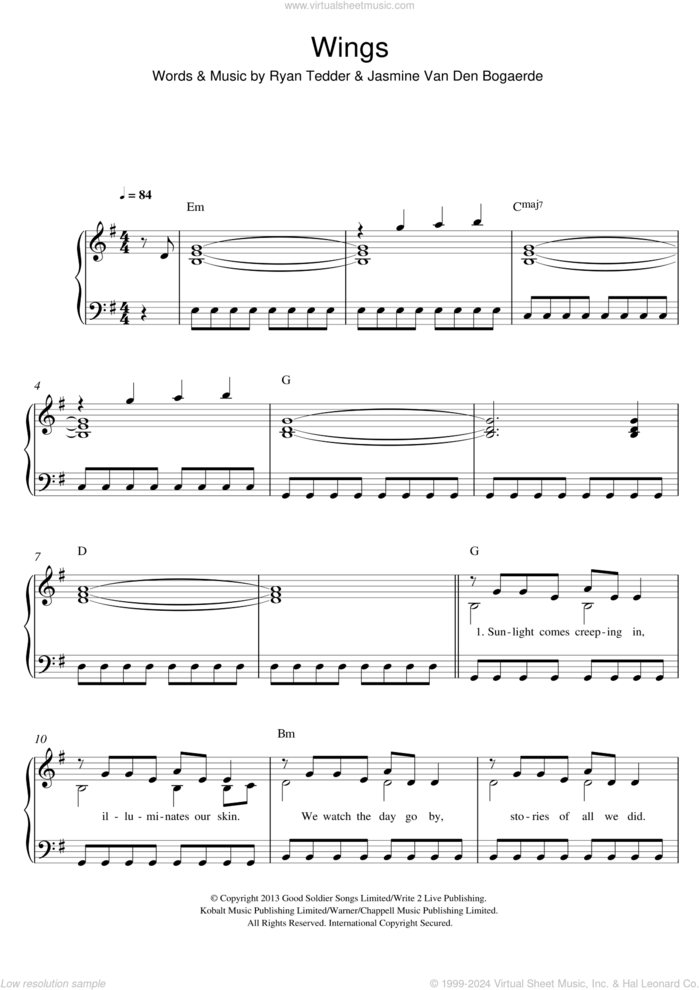 Wings sheet music for piano solo by Birdy, Jasmine Van Den Bogaerde and Ryan Tedder, easy skill level