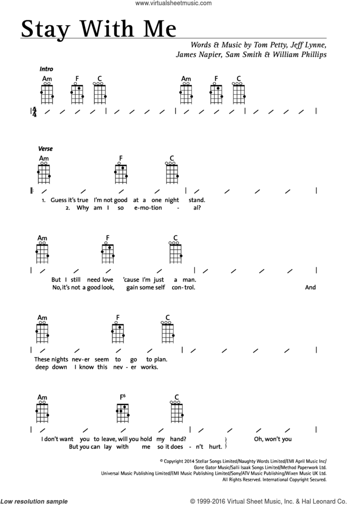 Stay With Me sheet music for ukulele (chords) by Sam Smith, James Napier, Jeff Lynne, Tom Petty and William Phillips, intermediate skill level