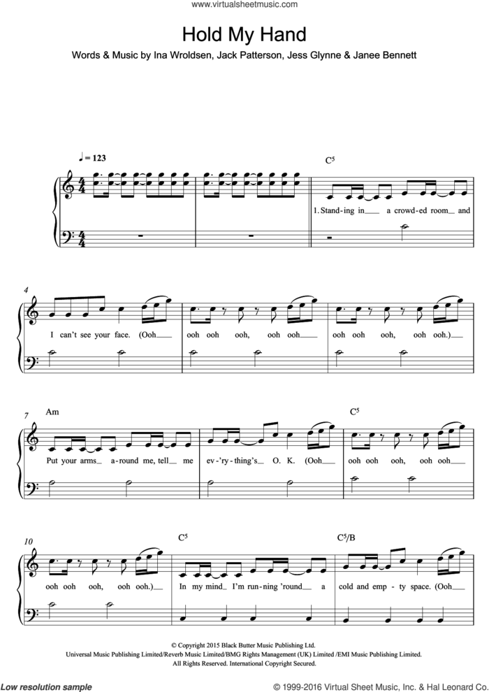 Hold My Hand sheet music for piano solo by Jess Glynne, Ina Wroldsen, Jack Patterson and Janee Bennett, easy skill level