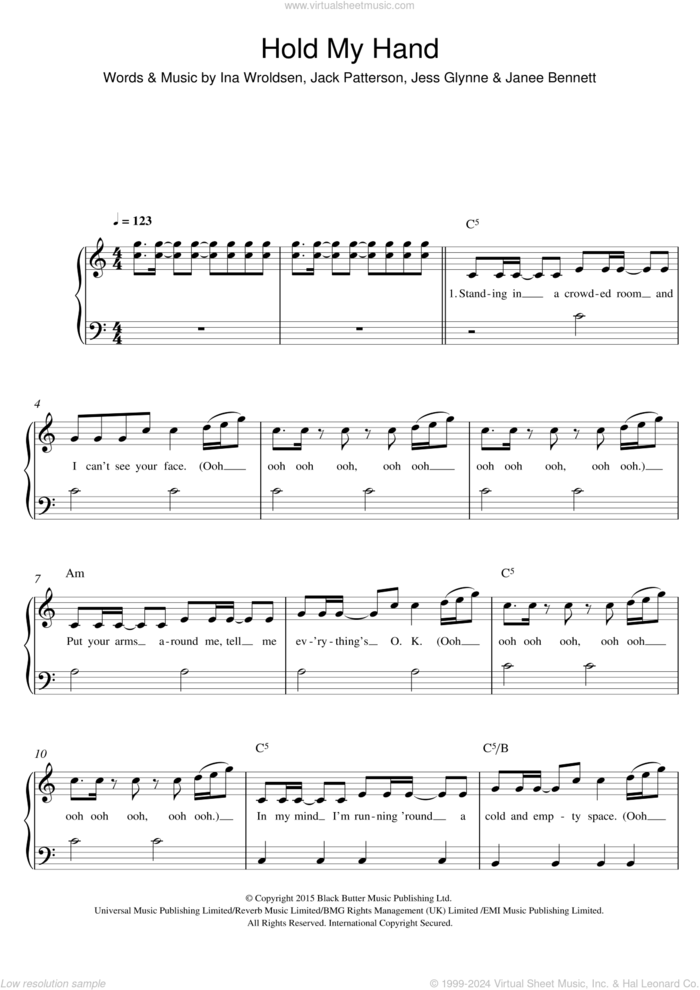 Hold My Hand, (easy) sheet music for piano solo by Jess Glynne, Ina Wroldsen, Jack Patterson and Janee Bennett, easy skill level