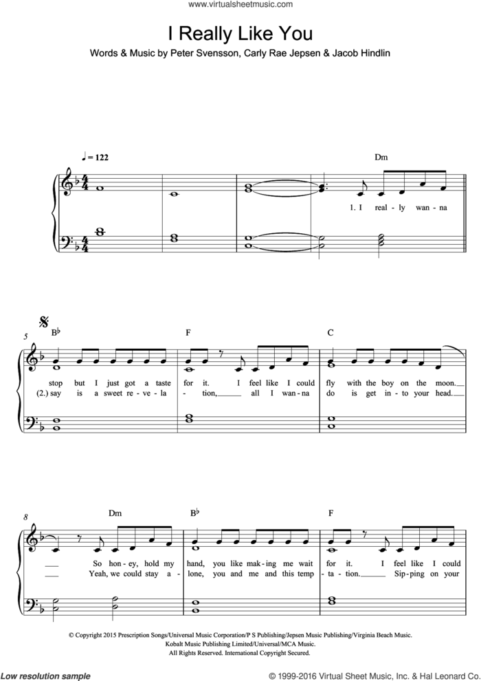 I Really Like You sheet music for piano solo by Carly Rae Jepsen, Jacob Hindlin and Peter Svensson, easy skill level