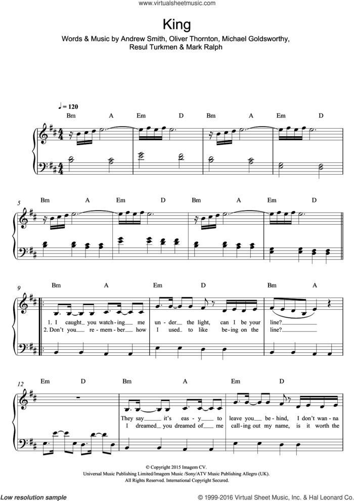 King sheet music for piano solo by Years & Years, Andrew Smith, Mark Ralph, Michael Goldsworthy, Oliver Thornton and Resul Turkmen, easy skill level