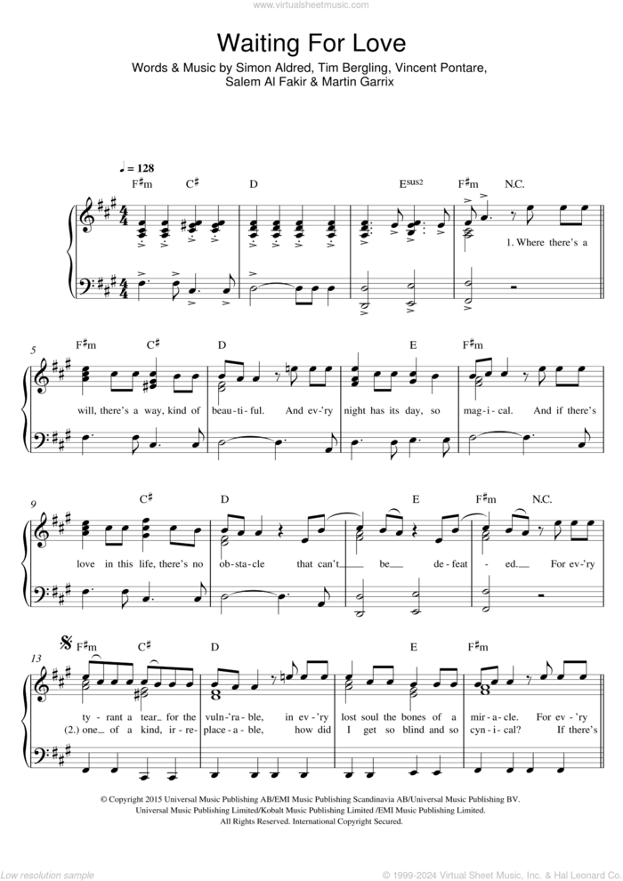 Waiting For Love sheet music for piano solo by Avicii, Martin Garrix, Salem Al Fakir, Simon Aldred, Tim Bergling and Vincent Pontare, easy skill level