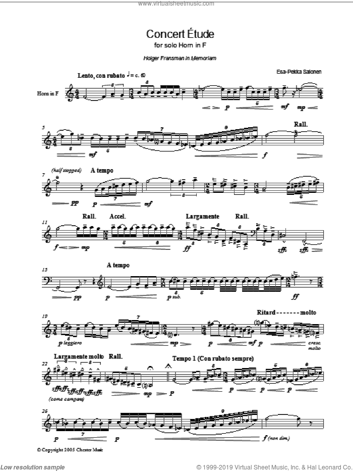 Concert Etude For Solo Horn In F sheet music for voice, piano or guitar by Esa-Pekka Salonen, classical score, intermediate skill level