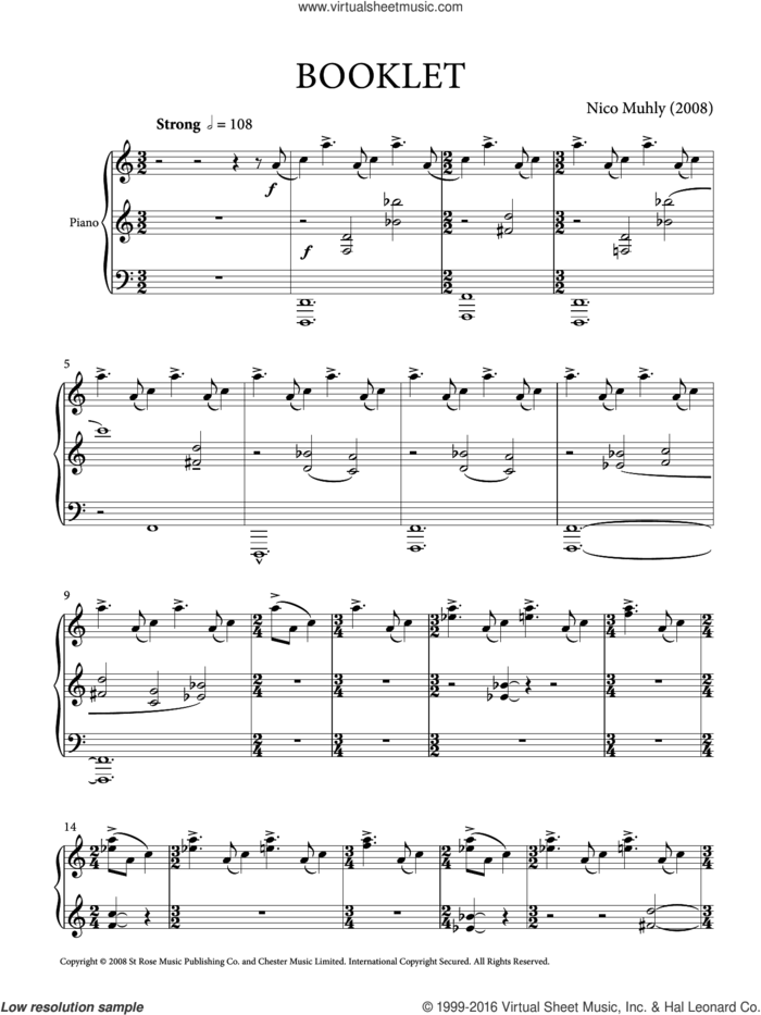 Booklet sheet music for piano solo by Nico Muhly, classical score, intermediate skill level
