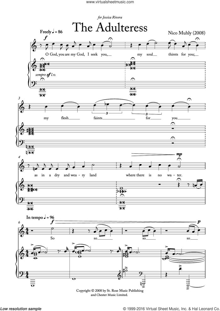 The Adulteress sheet music for voice and piano by Nico Muhly and Liturgical Text, classical score, intermediate skill level