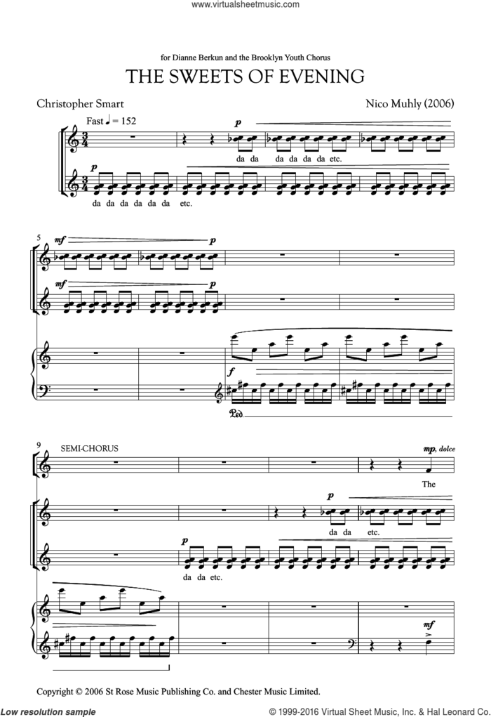 The Sweets Of Evening sheet music for choir (Unison) by Nico Muhly and Christopher Smart, classical score, intermediate skill level