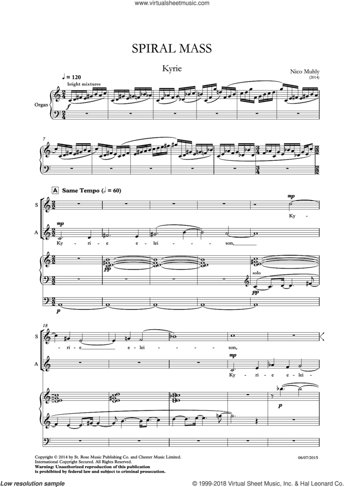 Spiral Mass sheet music for choir by Nico Muhly and Liturgical Text, classical score, intermediate skill level