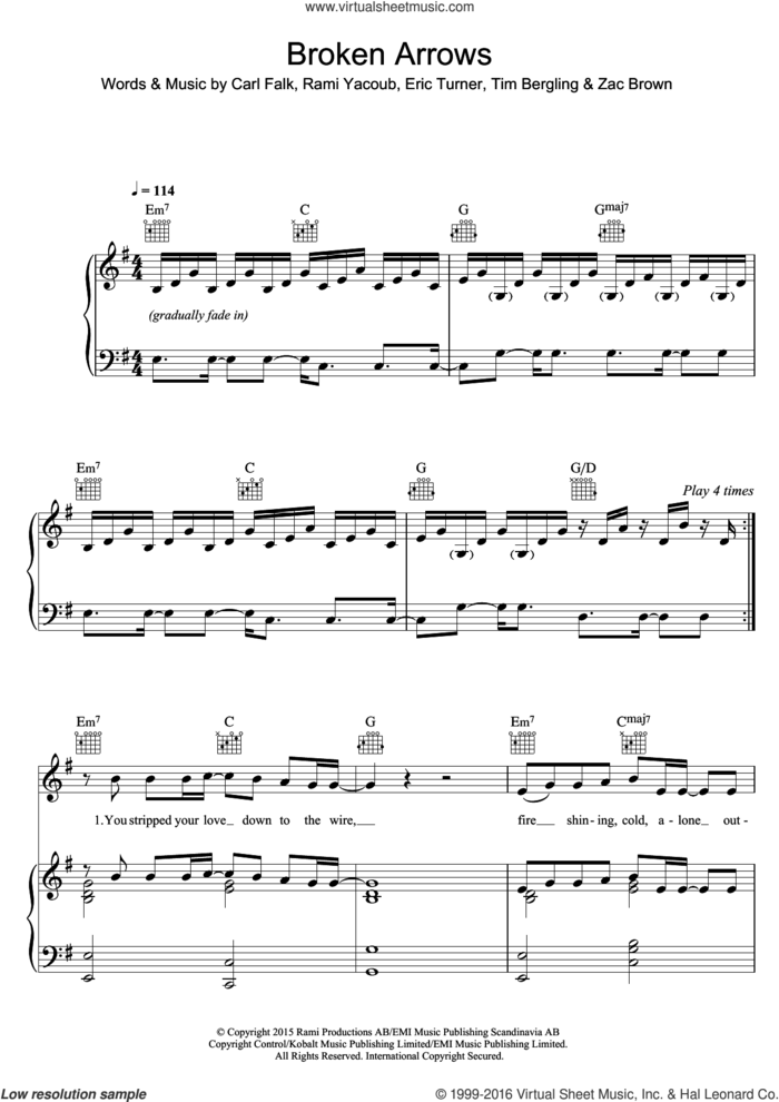 Broken Arrows sheet music for voice, piano or guitar by Avicii, Carl Falk, Eric Turner, Rami, Tim Bergling and Zac Brown, intermediate skill level