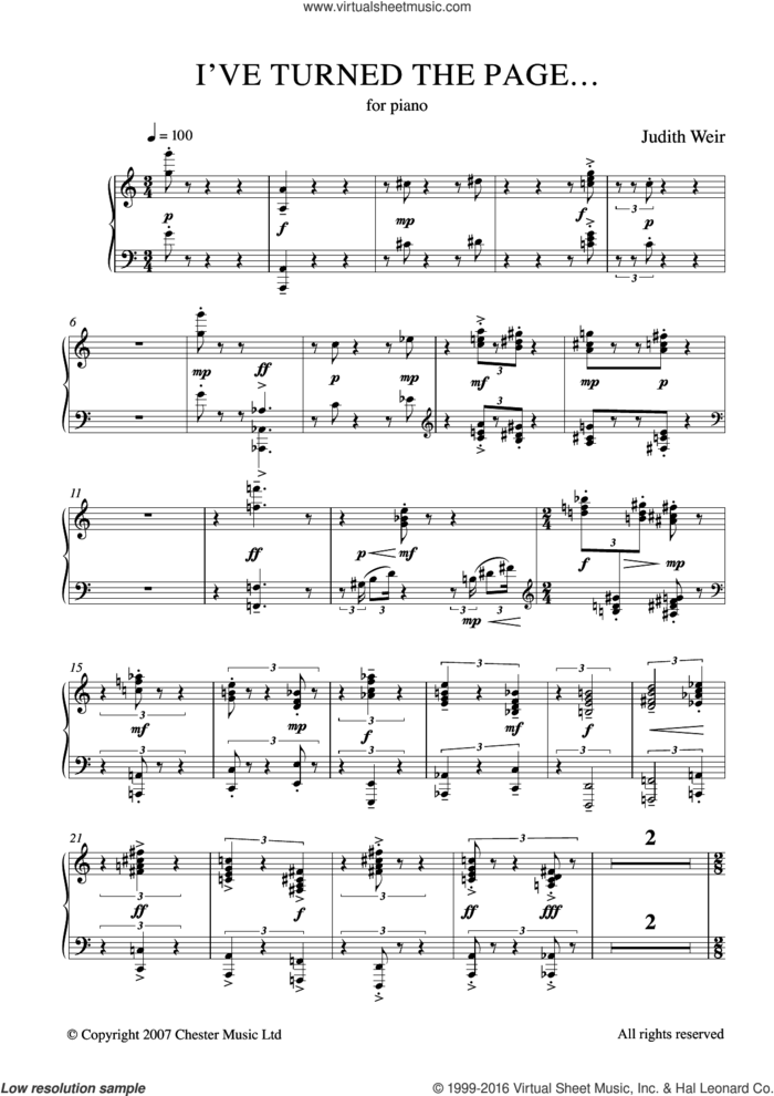 I've Turned The Page sheet music for piano solo by Judith Weir, classical score, intermediate skill level