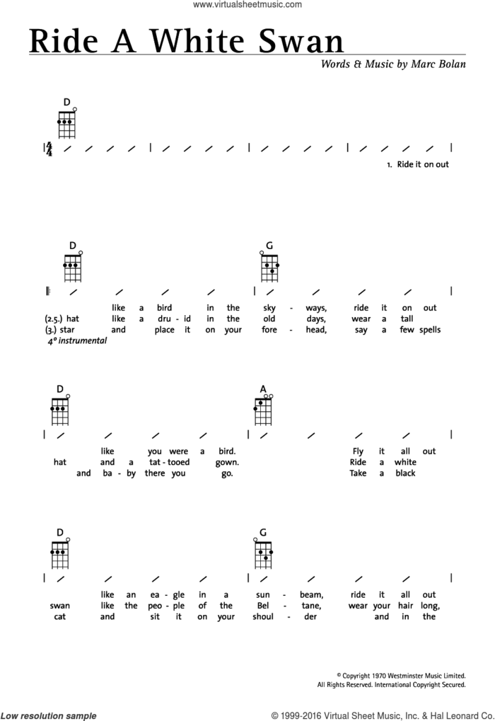 Ride A White Swan sheet music for ukulele (chords) by T Rex and Marc Bolan, intermediate skill level
