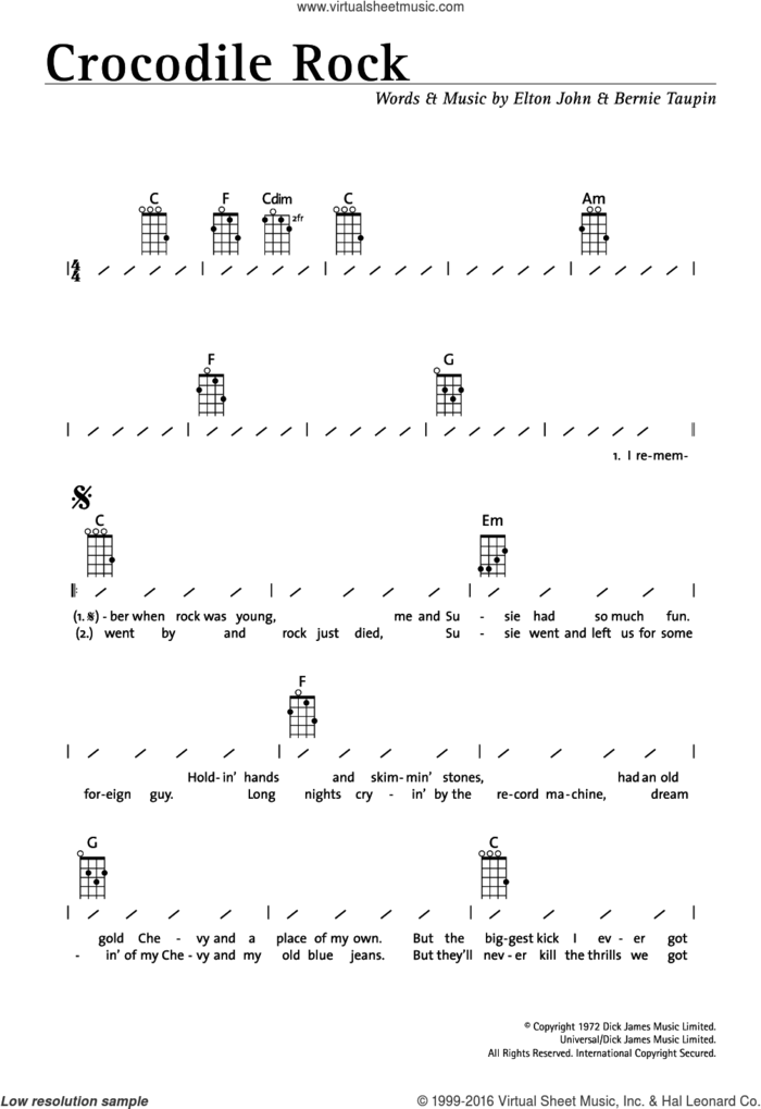 Crocodile Rock sheet music for ukulele (chords) by Elton John and Bernie Taupin, intermediate skill level