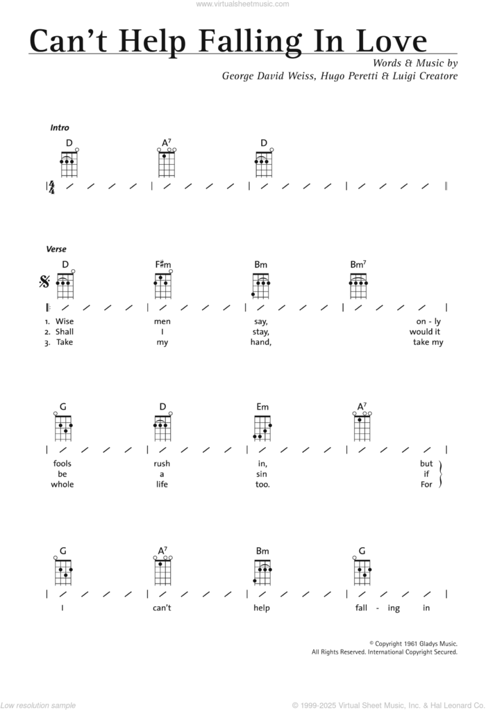 Can't Help Falling In Love sheet music for ukulele (chords) by UB40, Elvis Presley, George David Weiss, Hugo Peretti and Luigi Creatore, wedding score, intermediate skill level