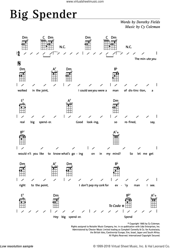 Big Spender (from Sweet Charity) sheet music for ukulele (chords) by Shirley Bassey, Cy Coleman and Dorothy Fields, intermediate skill level