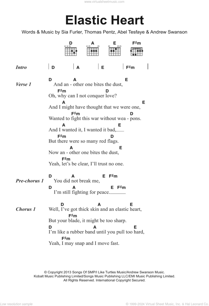 Elastic Heart sheet music for guitar (chords) by Sia, Abel Tesfaye, Andrew Swanson, Sia Furler and Thomas Wesley Pentz, intermediate skill level