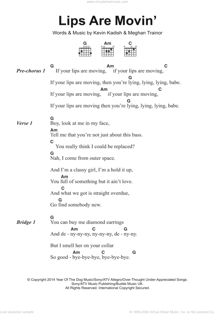 Lips Are Movin' sheet music for guitar (chords) by Meghan Trainor and Kevin Kadish, intermediate skill level