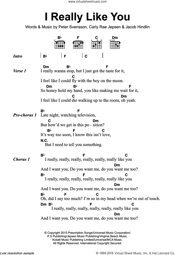 I Really Like You sheet music for guitar (chords) by Carly Rae Jepsen, Jacob Hindlin and Peter Svensson, intermediate skill level