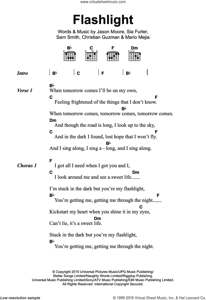 Flashlight sheet music for guitar (chords) by Jessie J, Christian Guzman, Jason Moore, Mario Mejia, Sam Smith and Sia Furler, intermediate skill level