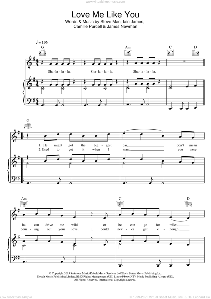 Love Me Like You sheet music for voice, piano or guitar by Little Mix, Camille Purcell, Iain James, James Newman and Steve Mac, intermediate skill level