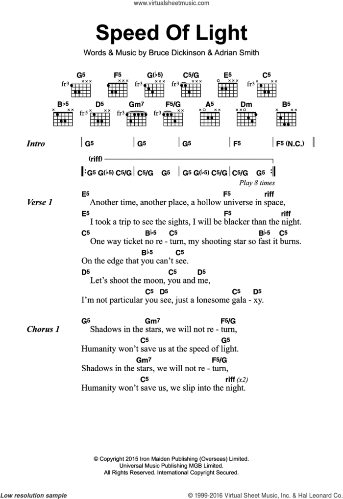 Speed Of Light sheet music for guitar (chords) by Iron Maiden, Adrian Smith and Bruce Dickinson, intermediate skill level