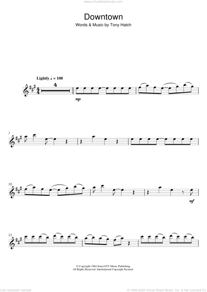 Downtown sheet music for flute solo by Petula Clark and Tony Hatch, intermediate skill level