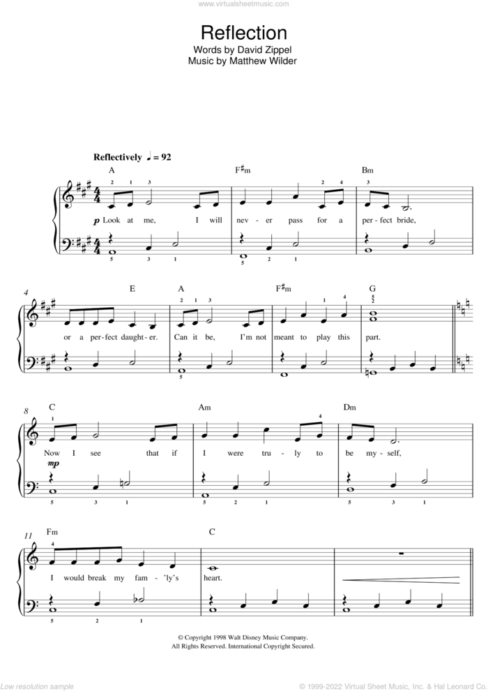 Reflection (from Mulan) sheet music for piano solo by David Zippel, Christina Aguilera and Matthew Wilder & David Zippel and Matthew Wilder, easy skill level