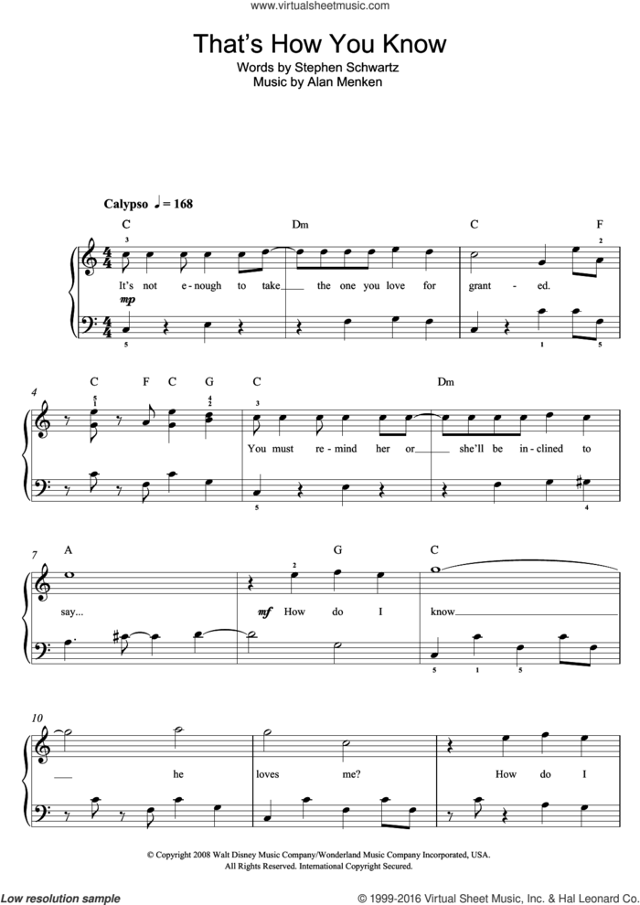 That's How You Know (from Enchanted) sheet music for piano solo (beginners) by Amy Adams, Alan Menken and Stephen Schwartz, beginner piano (beginners)