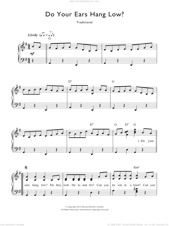 Do Your Ears Hang Low sheet music for voice and piano by Traditional Nursery Rhyme and Miscellaneous, intermediate skill level