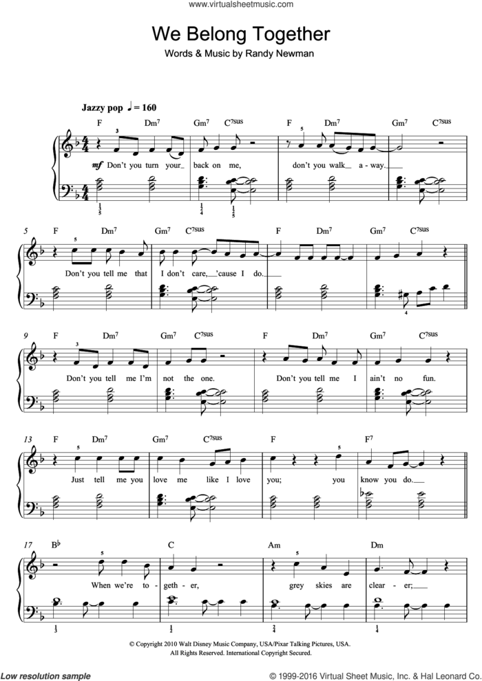 We Belong Together (From Toy Story 3) sheet music for voice, piano or guitar by Randy Newman, intermediate skill level