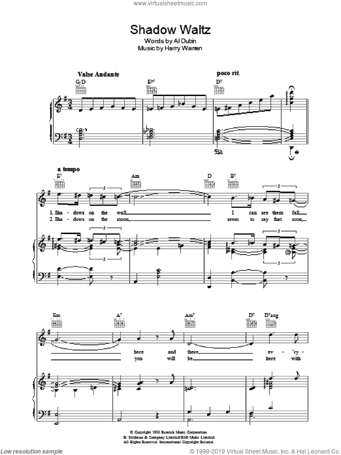 Shadow Waltz sheet music for voice, piano or guitar by Harry Warren and Al Dubin, intermediate skill level
