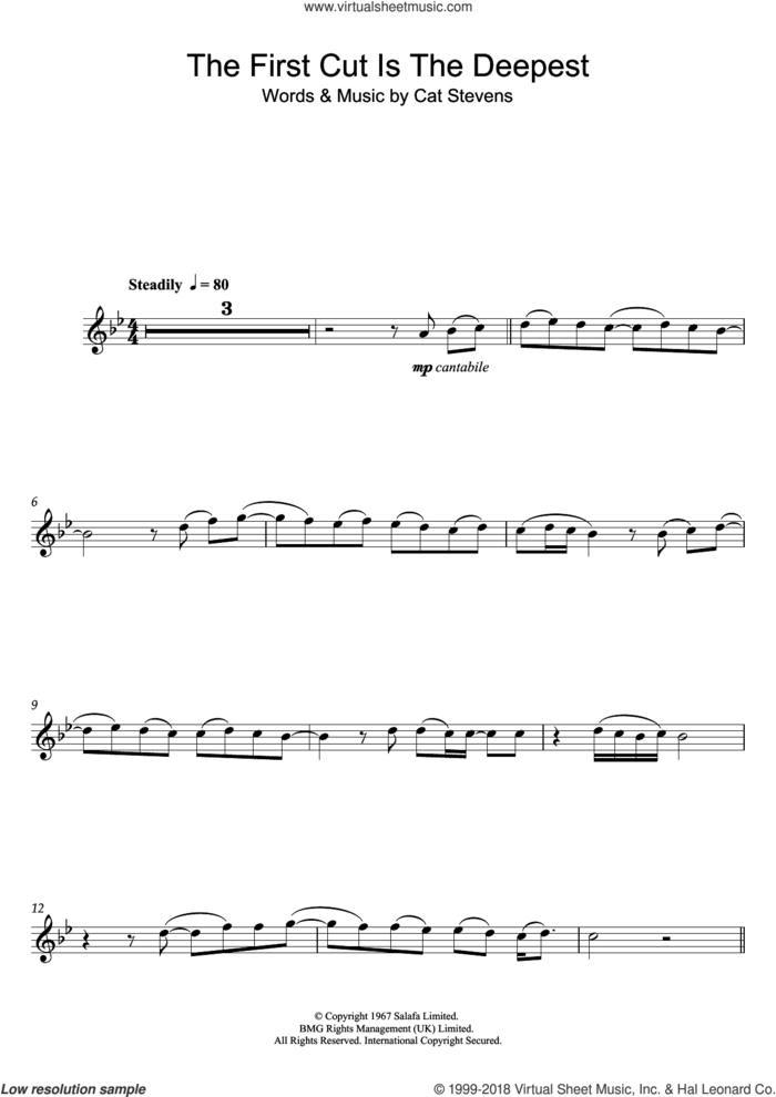 The First Cut Is The Deepest sheet music for flute solo by Cat Stevens and Sheryl Crow, intermediate skill level